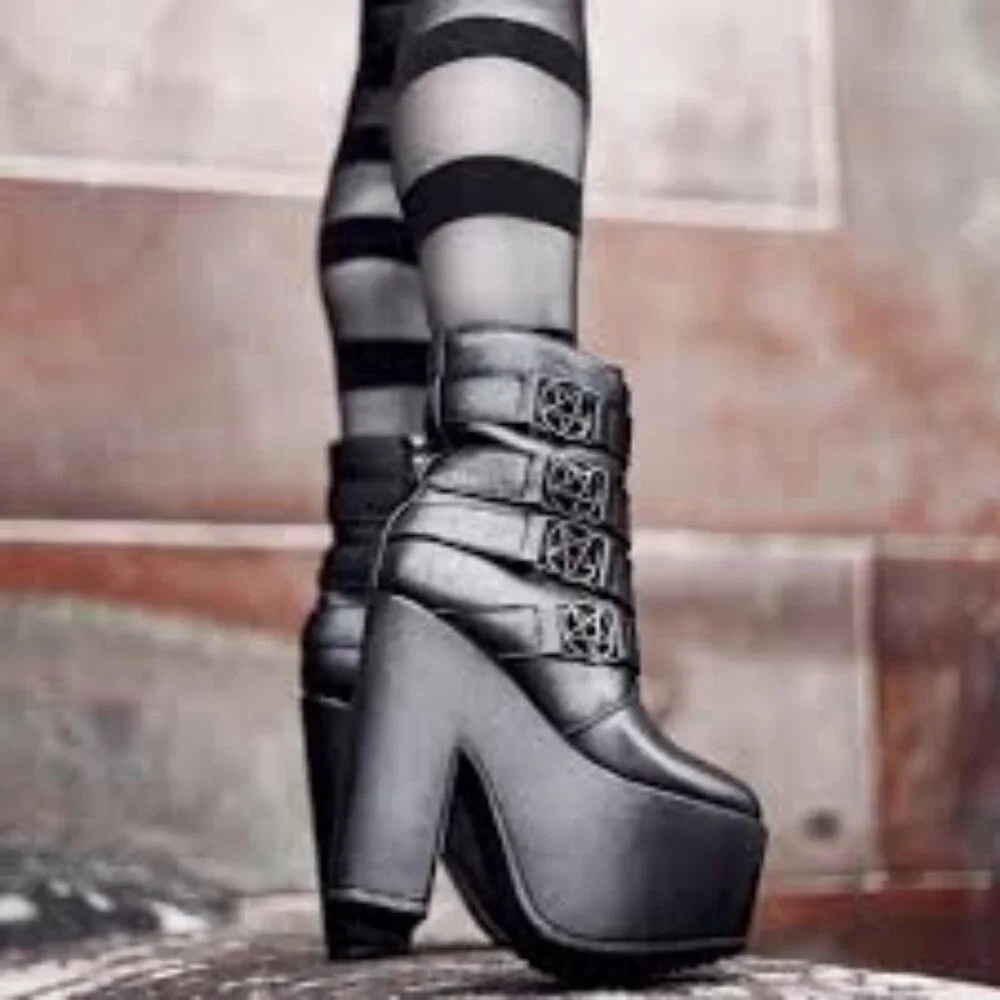 Killstar Black Nancy Pentagram Platform Boots Faux Leather‎ Gothic Witchy Techno